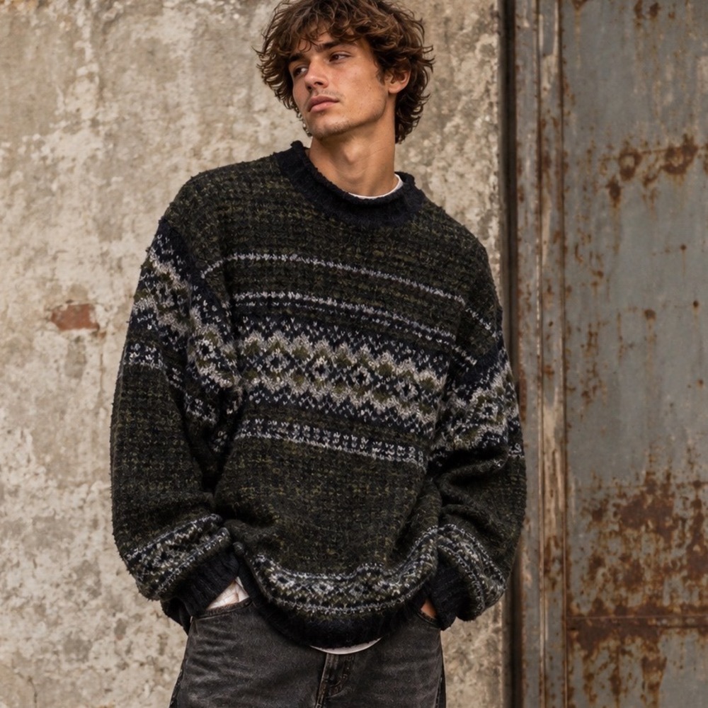 Vintage Structure Men Fair Isle Rolled Neck Sweater Green Blue Y2K Grunge Dad XL